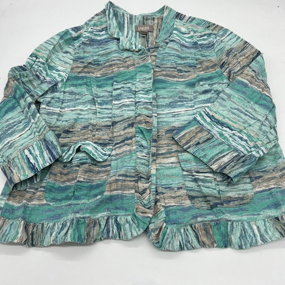 Chicos Linen Blend Open Front Jacket Blazer Sz 3 Women’s Blue Watercolors 12